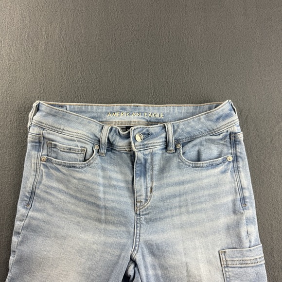 American Eagle Jeans Women's 8 Blue Kick Boot Cargo Pockets Light Wash Whiskered - Picture 7 of 14